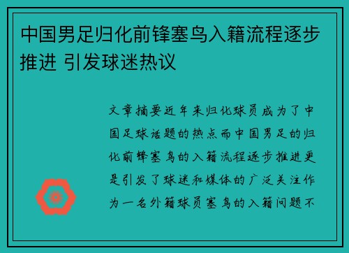 中国男足归化前锋塞鸟入籍流程逐步推进 引发球迷热议