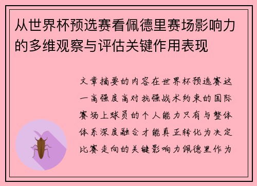 从世界杯预选赛看佩德里赛场影响力的多维观察与评估关键作用表现