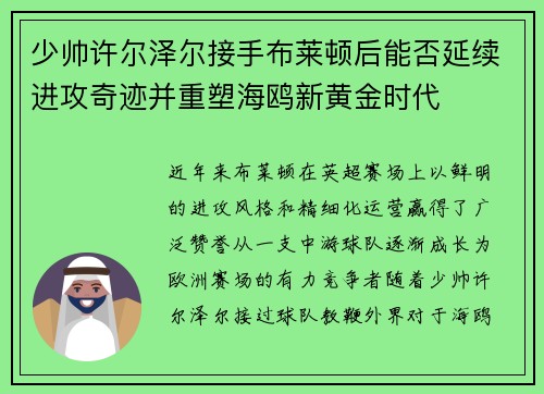 少帅许尔泽尔接手布莱顿后能否延续进攻奇迹并重塑海鸥新黄金时代